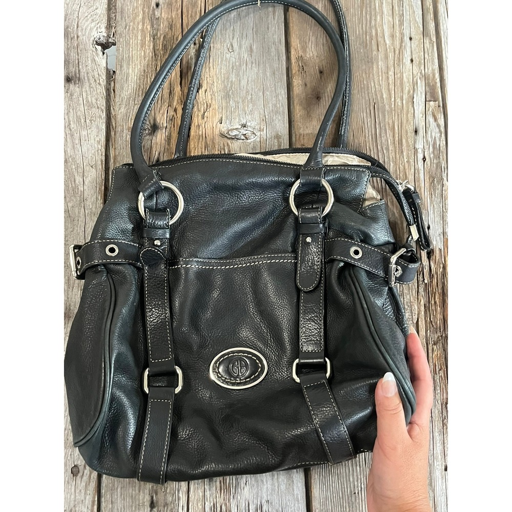 Giani Bernini Black Pebbled Leather Shoulder Bag Satchel White Stitching Silver